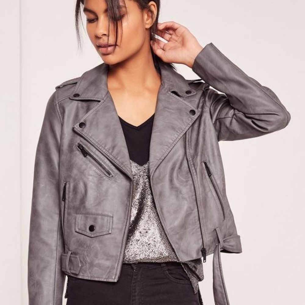 Missguided Faux Leather Biker Jacket Grey
